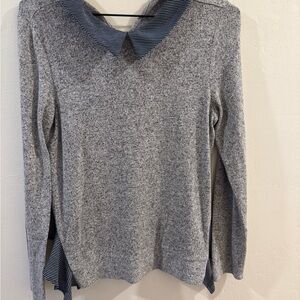 Monteau Gray Sweater with Navy Striped Trim